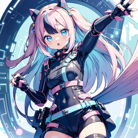 (Kawaii Character:1.4), 
Cyber Princess,
She is immersed in cyber networks,
(Special effects),
masterpiece, Highest quality,
Clear images, Clear images, Clear images, Unrealistic image, 
Highly detailed background,kawaii tech,