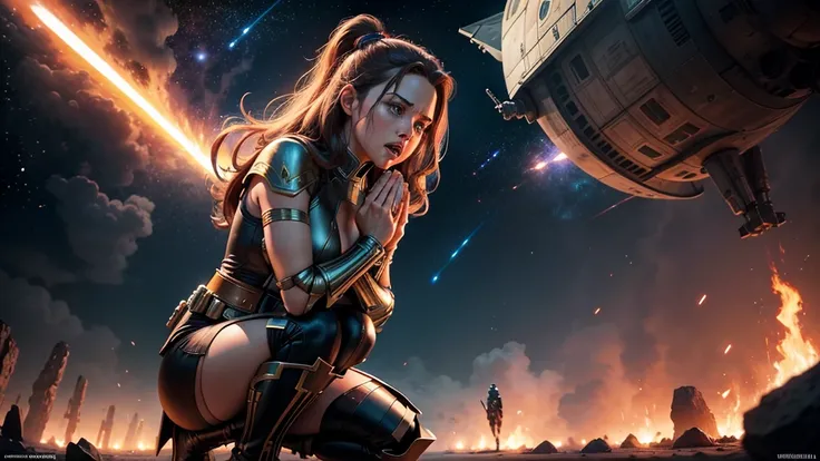 wide angle , outstanding female performer in total frontal winklel, star war, taurus, epic scene, on her knees, crying, praying to heaven, background in flames with spaceship battle