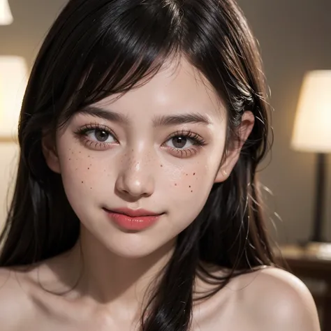 1 Girl, 19 years old, south korean, 4k, masterpiece, realistic, long whavy black hair with bangs, shining purple pupils, shining red lips, red eyeliners, freckles, off-shoulder top, large breast, smug smile, closed mouth, tilted head, facing to the side, b...