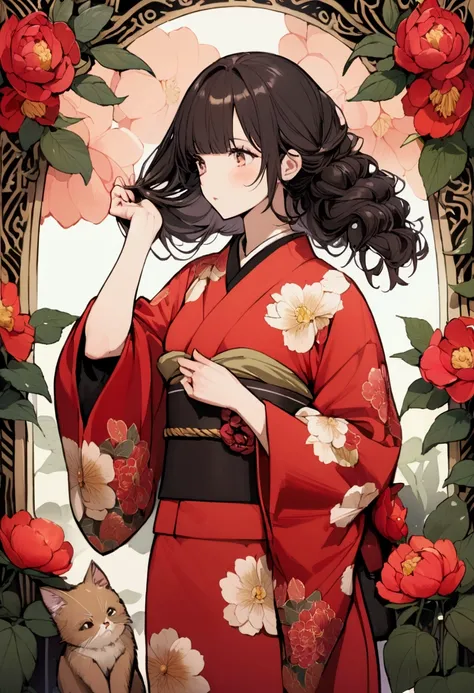 A girl in her 20s wearing a red floral kimono is holding a brown kitten　Her hair is a black bob.　Gorgeous peony flowers in the background