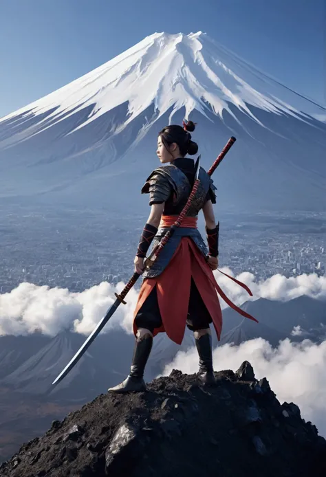 Young warrior girl standing on mountain peak. Mount Fuji holding a long knife（Magma overflowed）