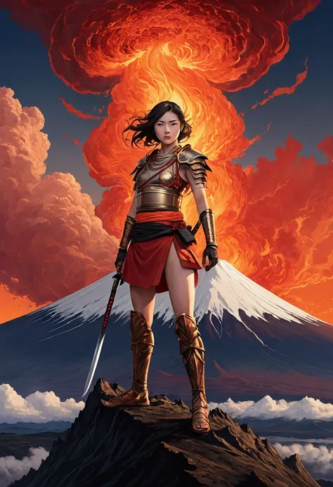 Young warrior girl standing on mountain peak. Mount Fuji holding a long knife（Magma overflowed）