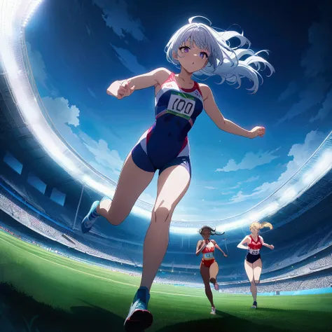 masterpiece, best quality, source anime, official art, 8k, ultra-detailed,very aesthetic, absurdres, perfect anatomy, dramatic angle, multiple girls, women athletes running 100meter, Olympic, outdoor, stadium, cinematic lighting, newest, Perfect Hands