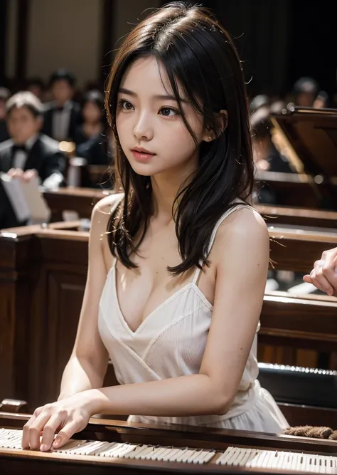 Diffuse lighting、 Highest quality, High resolution, unity 8k wallpaper、Supersaturation, Japanese、1 female、２３age、(Tabletop、Highest quality、8k、Award-winning works、超High resolution)、One beautiful woman、Orchestra Members、pianist、Playing the grand piano、Musicia...