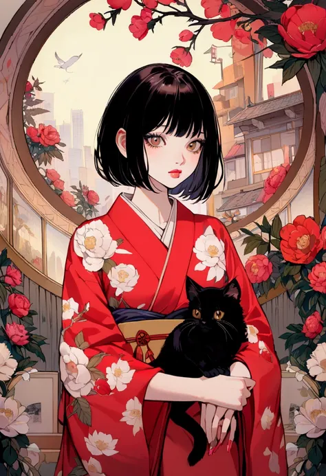 A girl in her 20s wearing a red floral kimono is holding a brown kitten　Her hair is black and short bob　Gorgeous peony flowers in the background