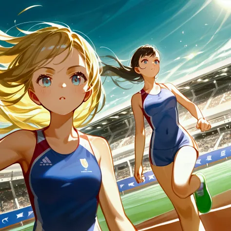 score_9, score_8_up, source anime, official art, 8k, ultra-detailed,very aesthetic, absurdres, perfect anatomy, dramatic angle, multiple girls, women athletes running 100meter, Olympic, outdoor, stadium, cinematic lighting, newest, Perfect Hands