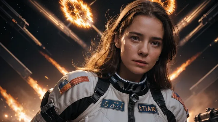 perfect face, Outstanding female performer in total frontal angle, interstellar war, eeriness, epic scene, on her knees, crying, praying to heaven, background in flames with spaceship battle, depiction of loss, big breast, torn uniform