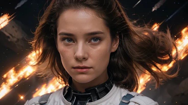 perfect face, Outstanding female performer in total frontal angle, interstellar war, eeriness, epic scene, on her knees, crying, praying to heaven, background in flames with spaceship battle, depiction of loss, big breast, torn uniform