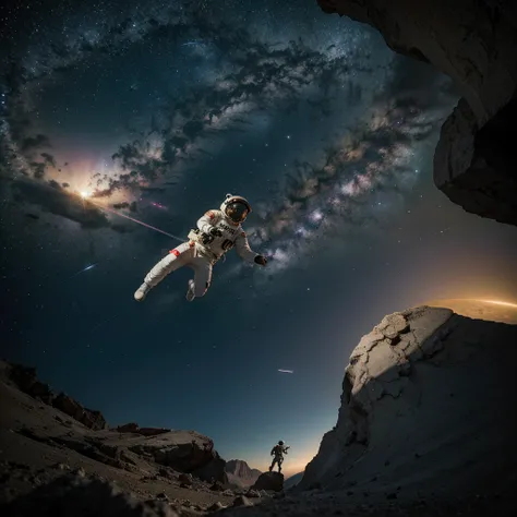 astronaut and his dog, jumping from a cliff into a multi-colored colorful galactic spiral