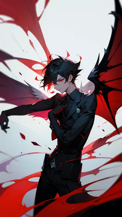 Male demon, black and red suit, demon wings, angel wing