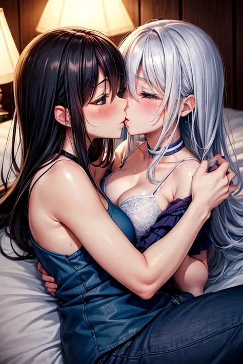 キスをする2人ofレズビアンof女of子, Shoulders and neck, Sweaty, hot, hug, sexy, of, , stay, bedroom, bed, in bed, Dark Room, lamp, lie, Face to face