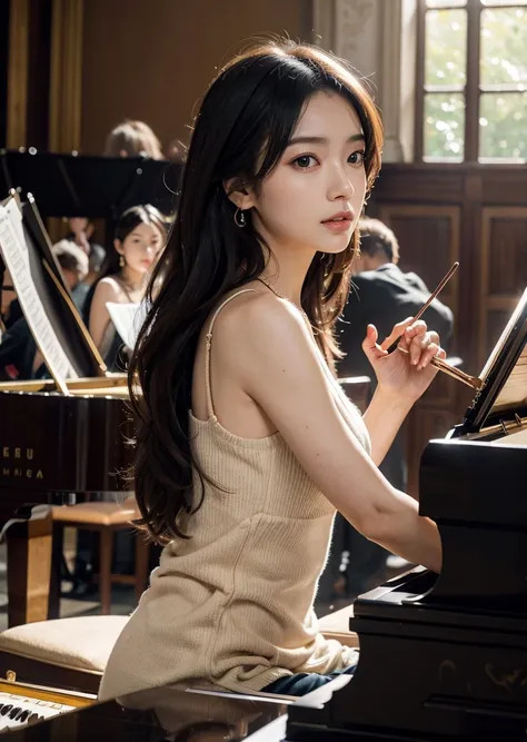 Diffuse lighting、 Highest quality, High resolution, unity 8k wallpaper、Supersaturation, Japanese、1 female、２３age、(Tabletop、Highest quality、8k、Award-winning works、超High resolution)、One beautiful woman、Orchestra Members、pianist、Playing the grand piano、Musicia...