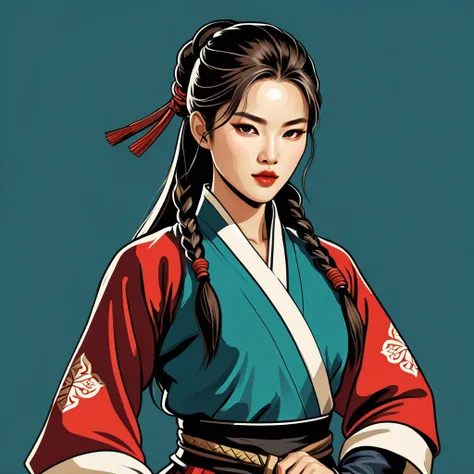 female	rogue	in korean folk outfit	,vector graphics, strong contours, logo design																						