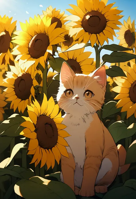 Brown kitten in a sunflower field　Blue sky