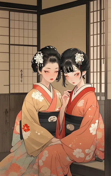 two women are in two kimono costumes sitting in their room, japanese clothes, hair ornament, kimono, kanzashi, looking down, flower, floral print, multiple girls, sash, hair flower, obi, 2girls, black hair, hair stick, lantern, half-closed eyes, bangs, sit...