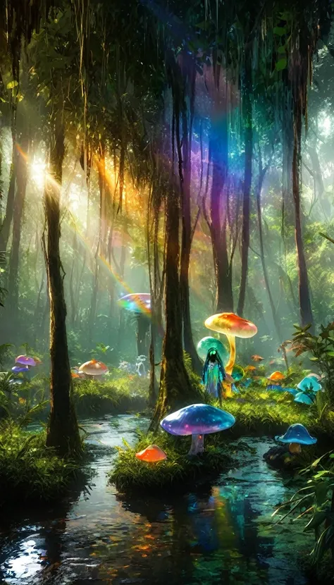 Jungle adventure, Dense foliage, swamp, Water Drop, Sunlight through the trees, Transparent translucent rainbow alien (hiding in trees), Transparent translucent rainbow alien (Disguised as a mushroom), Keep an eye on us, Fantasy Art