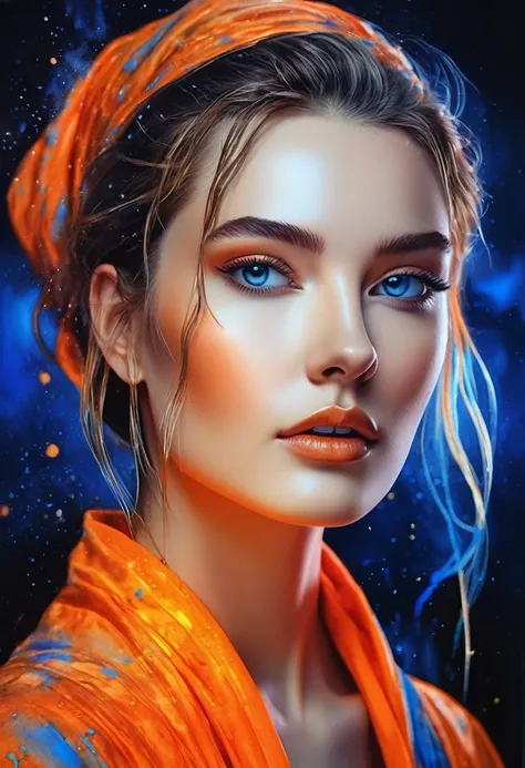 women beautiful neon fictional , ancient stories, High detail, portrait, light studio, colorful, high precision, strong, beautiful, classic, science, Renaissance, wet water color ink, color orange and blue, painting watercolor, ultra clear
