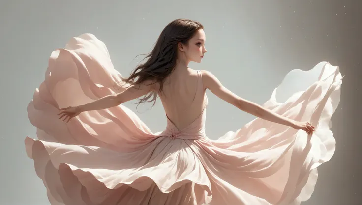 Dance photography；A dancer，Solitary；A dancing little girl；Long skirt，Plain style，Gray pink and white gradient，Traditional style，Smudged skirt hem；The movements of the dance；elegant，Flexible skirt；Long hair，Long hair披肩。（（Full body panorama 1.5）），front； Simp...