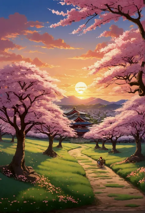 In the style of Studio Ghibli and Kyoto Animation，Depicting the tranquil scenery at sunset in anime style，The fields are full of life、Cherry blossom trees in full bloom。