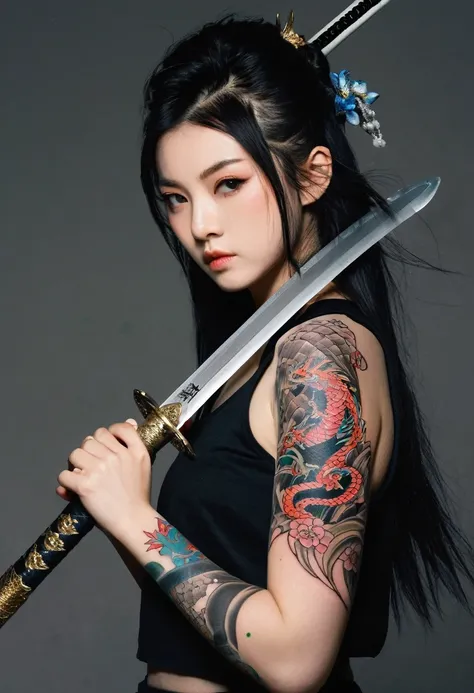 ２０Year、beautiful,、Cute Girls、Warrior、dragon tattoo on arm、Hold the Japanese sword in front of your body、Draw your sword and prepare、Sharp eyes、enemy&#39;The blood is flowing to his cheeks、In the woods、Swordsman、Tattoo of a rose on the chest、blonde、short ha...