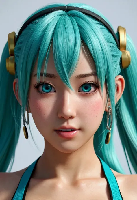 (masterpiece), (Best Quality), Very detailed, HdR, 1 girl, Focus only, skin denture,Sports bra，Bermuda，shackles， perfect face, Swollen face, beautiful face, large eyes, swollen eyes, Perfect eyes, eyelash，Hatsune Miku，extremely detailed face，