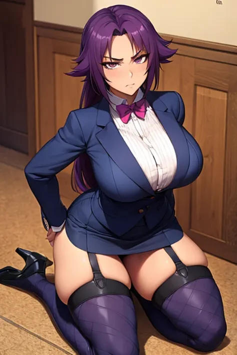 Super-detailed, 8k HD, Yoruichi Shihouin, 1 girl, solo, beautiful and detailed face, detailed hand, long purple hair, slender hips, thick thighs, huge and droopy breast, huge round ass, black office suit and mini skirt, cravat, fishnet thigh high stocking,...