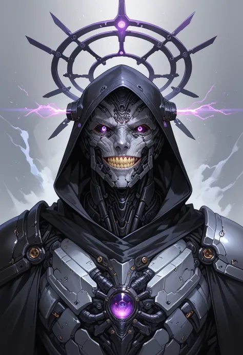 1 male,solo,grey skin, villian,black mechanical armor,full armor,detailed texture,fantasy,smile teeth,pale skin,energy veins on armor,black cloak,black hood, Eyes glowing purple,black sclera,glowing eyes,detailed,(machina),blue mix purple ornament,detailed...