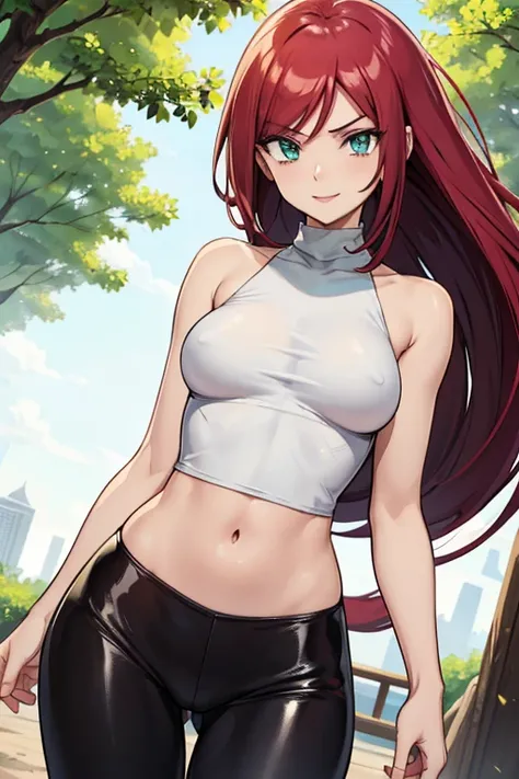 cute_adult_jessie_from_pokemon, (only_white high_neck_halter_top | bare shoulders | neckholder | long top), (black_leggings | leather_fabric), small_midriff, (long red hair), green eyes, motivated pose, medium_breasts, nature, skinny, nice, happy smile, ki...