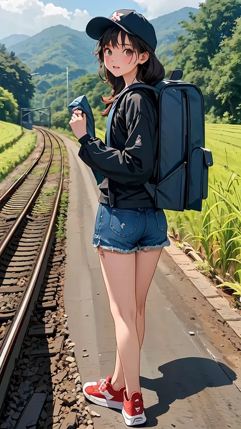 railway、crossing the tracks、red sneakers、denim shorts、cap、 walking on train tracks with a backpack、 and a backpack, wearing dirt...