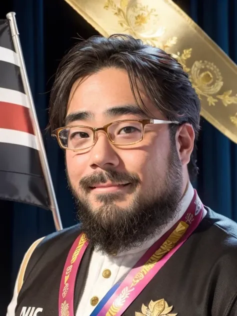 male, alone, ((Yossan)), beard, Glasses, Are fat, Gold Medalist, Podium, Trophy, Medals, audience, Spotlight, A moving moment, smile, Flag on background,Olympic symbols