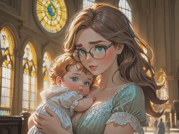 The young plus size fat chubby girl with big round glasses and long straight Dark ginger hair determined expression is accentuated by a slight furrowing of her eyebrows and a gentle pursing of her lips, showcasing her concern for her distressed son. The so...