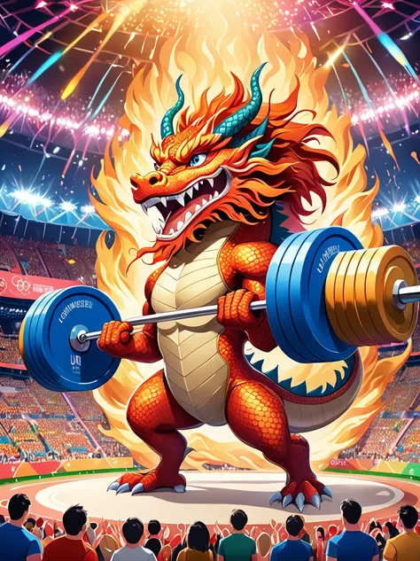 poster，advanced，Surreal，Fantastic effect，A thin and cute anthropomorphic Chinese dragon，Weightlifting at the Olympics in France，Lift the barbell easily，Happy expression，Joyful crowd in the background，Colorful arena，The tense atmosphere of the game，Colorful...