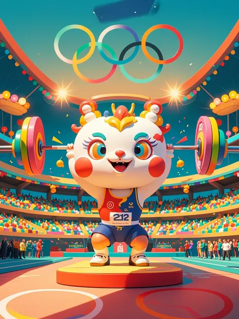 poster，advanced，surreal，fantastic effect，a thin and cute anthropomorphic chinese dragon，weightlifting at the olympics in france，...