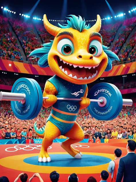 poster，advanced，Surreal，Fantastic effect，A thin and cute anthropomorphic Chinese dragon，Weightlifting at the Olympics in France，Lift the barbell easily，Happy expression，Joyful crowd in the background，Colorful arena，The tense atmosphere of the game，Colorful...