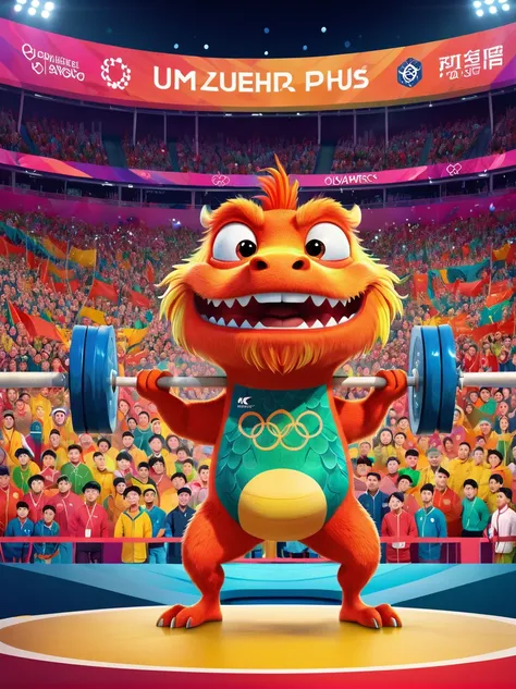 poster，advanced，Surreal，Fantastic effect，A thin and cute anthropomorphic Chinese dragon，Weightlifting at the Olympics in France，Lift the barbell easily，Happy expression，Joyful crowd in the background，Colorful arena，The tense atmosphere of the game，Colorful...