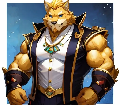 masterpiece,high quality,japanese manga,exquisite eyes, male wolf orc，golden animal hair，wave pattern pendant，mayor,wearing a ne...