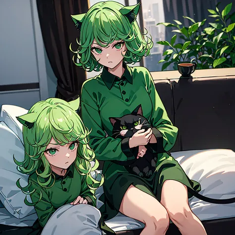 1girl, tatsumaki, cat costume, green short hair, green eyes, cat ears, sit on the sofa, holding a cat, sitting room, glanced at ...