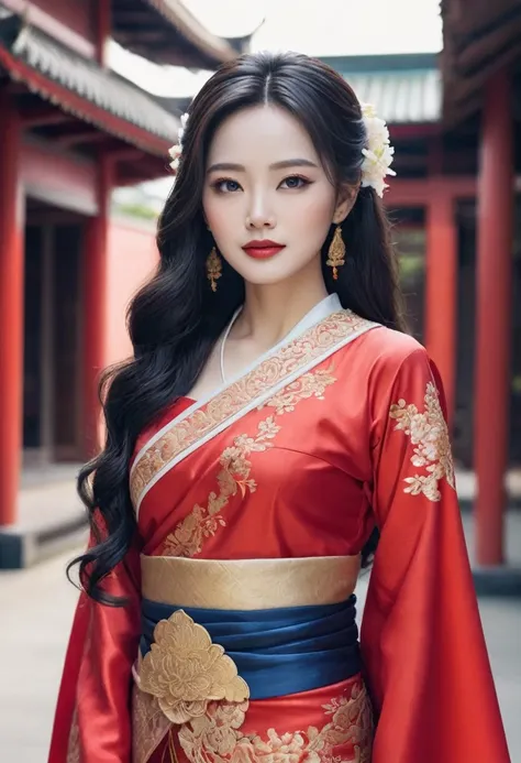 Create realistic AI images A beautiful woman with a good figure, long, curly, and volumetric hair tied in a red Thai costume.