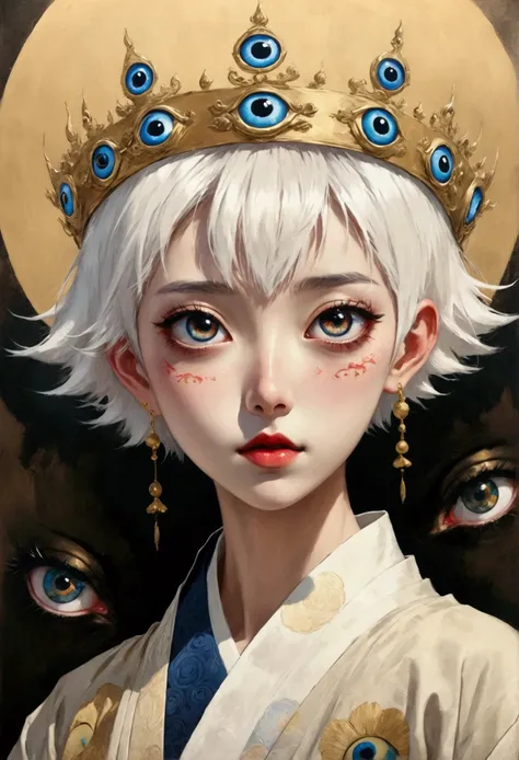 Inspired by Colored lead painting, The third eye vision on the forehead。White short hair，Crown，eyeball，Japanese clothing，panoramic，Wide Angle