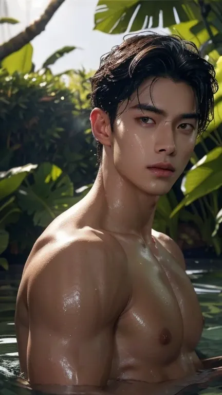 (best quality,4k,8k,highres,masterpiece:1.2),ultra-detailed,(realistic,photorealistic,photo-realistic:1.37),shirtless wet face and full body,sweat glistening on his skin,raindrops falling down his toned chest,rugged jawline,perfectly sculpted abs,rippling ...