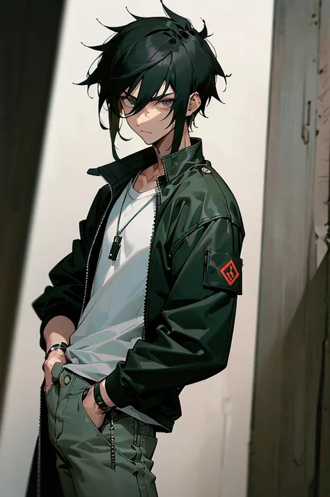 1male, jet black hair, short and tousled, piercing gray eyes, calm expression, subtle dragon tattoo on his left arm, dark green bomber jacket, white t-shirt, black jeans, minimalistic silver chain, urban alleyway background with soft lighting, detailed fac...