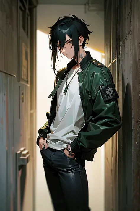 1male, jet black hair, short and tousled, piercing gray eyes, calm expression, subtle dragon tattoo on his left arm, dark green bomber jacket, white t-shirt, black jeans, minimalistic silver chain, urban alleyway background with soft lighting, detailed fac...