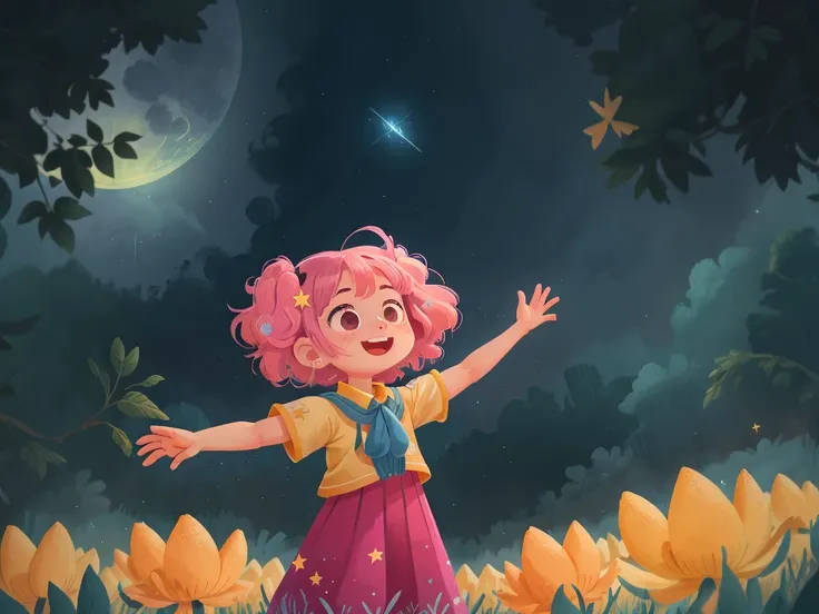 Luna surrounded by twinkling stars, her arms outstretched as she joins in their joyful game, blue, pink, pastel yellow, bright theme, HD, 4K