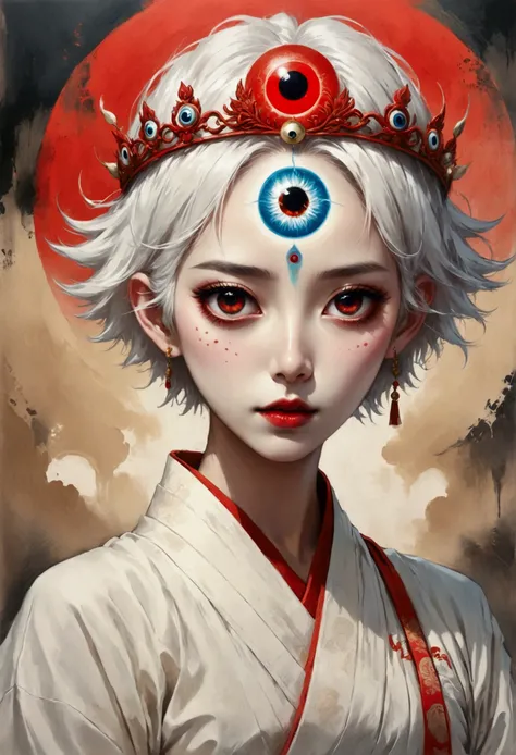 Inspired by Colored lead painting, The third eye vision on the forehead。White short hair，Crown，eyeball，Japanese clothing，panoramic，Wide Angle