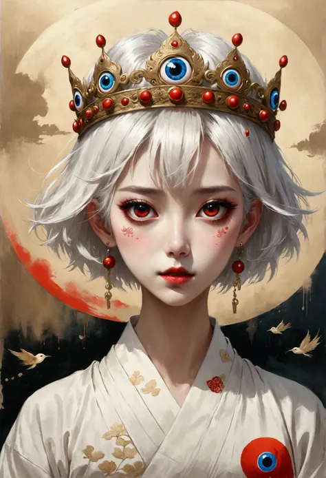 Inspired by Colored lead painting, The third eye vision on the forehead。White short hair，Crown，eyeball，Japanese clothing，panoramic，Wide Angle