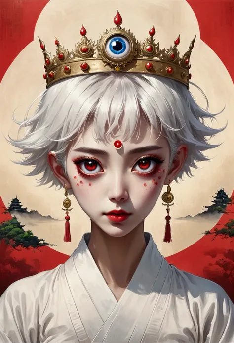 Inspired by Colored lead painting, The third eye vision on the forehead。White short hair，Crown，eyeball，Japanese clothing，panoramic，Wide Angle