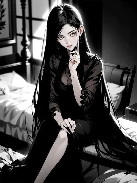 A long black hair girl, wears transparent nightgown, night, sitting on bed, dim bedroom, (elegant), (sexy), (devine), (brilliant), (splendid), tall, (mature), stunning, beautiful, aethereal, (1girl), solo girl, (luxury bedroom), many hearts, shadow, dim li...