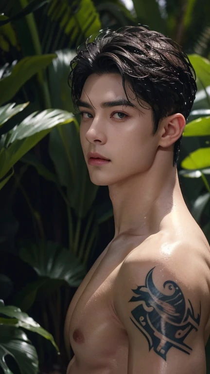 (best quality,4k,8k,highres,masterpiece:1.2),ultra-detailed,(realistic,photorealistic,photo-realistic:1.37),shirtless wet face and full body,sweat glistening on his skin,raindrops falling down his toned chest,rugged jawline,perfectly sculpted abs,rippling ...