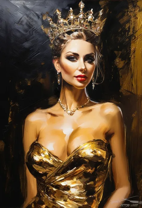 Andrew Atroshenko Style - The Queen of The Sparkling Kingdom of Gold as a painting, cleavage