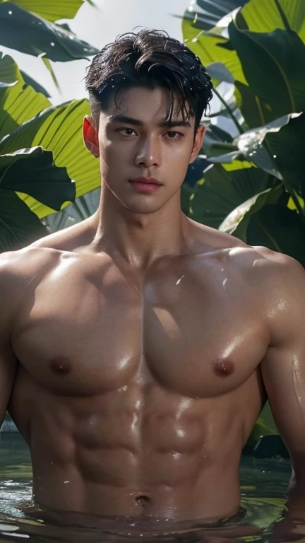 (best quality,4k,8k,highres,masterpiece:1.2),ultra-detailed,(realistic,photorealistic,photo-realistic:1.37),shirtless wet face and full body,sweat glistening on his skin,raindrops falling down his toned chest,rugged jawline,perfectly sculpted abs,rippling ...